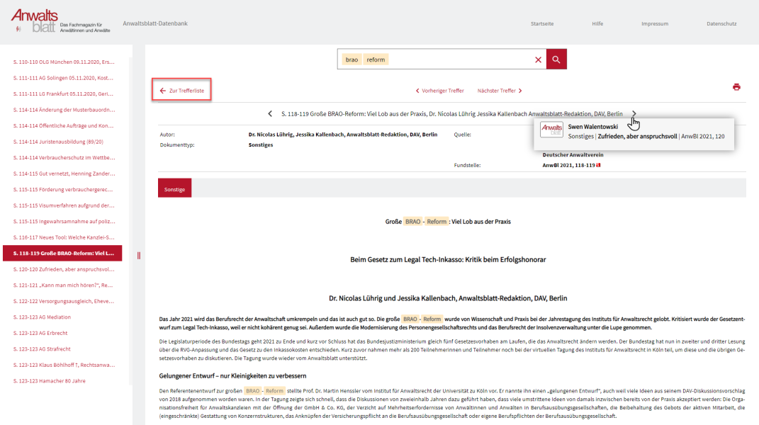 Blättern innerhalb eines Heftes, Sprung zurück zur Trefferliste