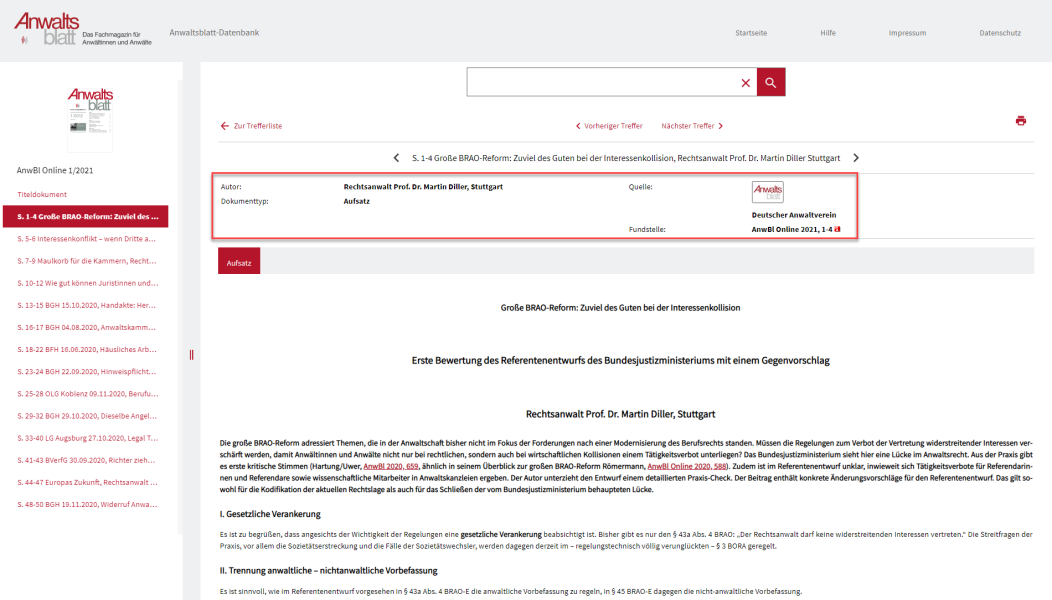Bibliographische Angaben im Dokumentkopf Dokumenttyp Aufsatz