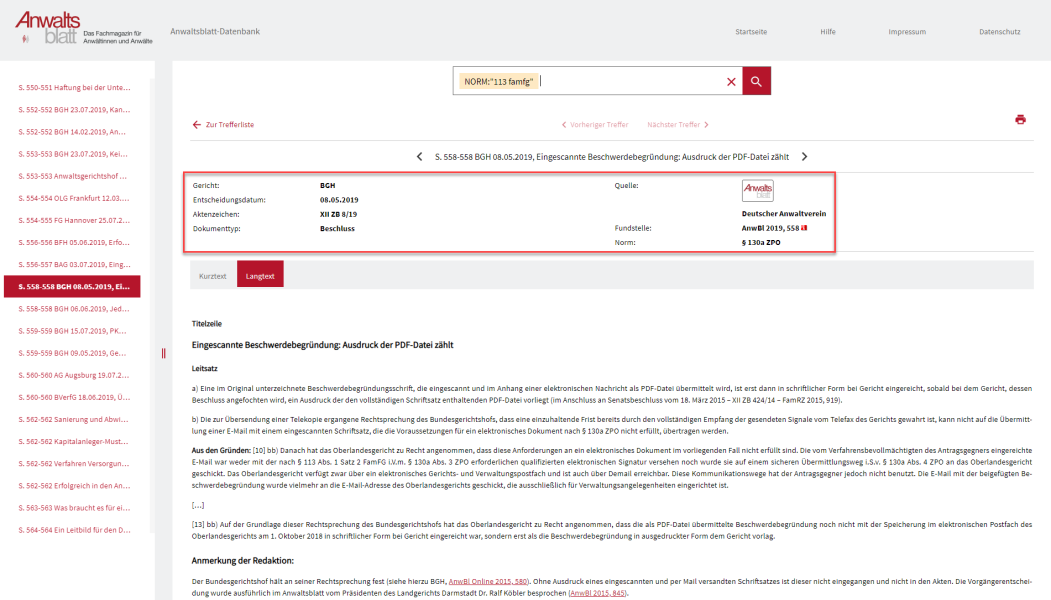 Bibliographische Angaben im Dokumentkopf Dokumenttyp Rechtsprechung