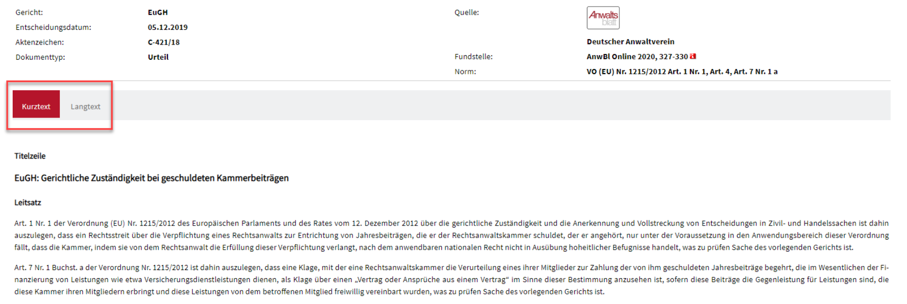 Auswahl Anzeige Kurztext oder Langtext