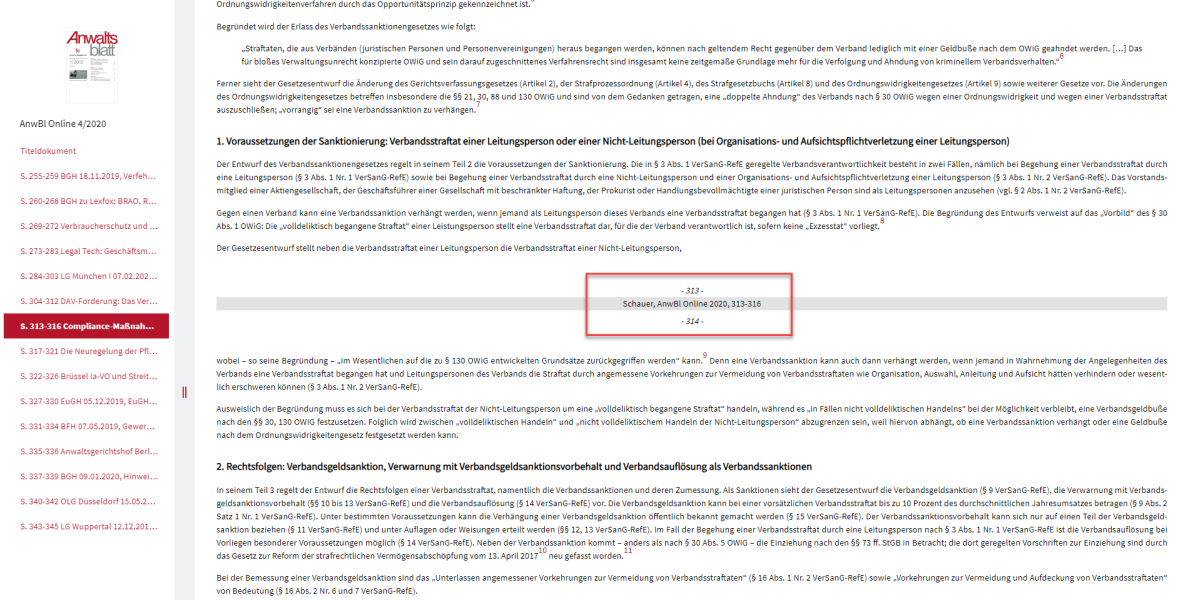 Anzeige Seitenumbruch mit Autor, Fundstelle und Seitenzahl