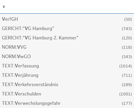 Vorschlagsliste mit Suchkürzeln